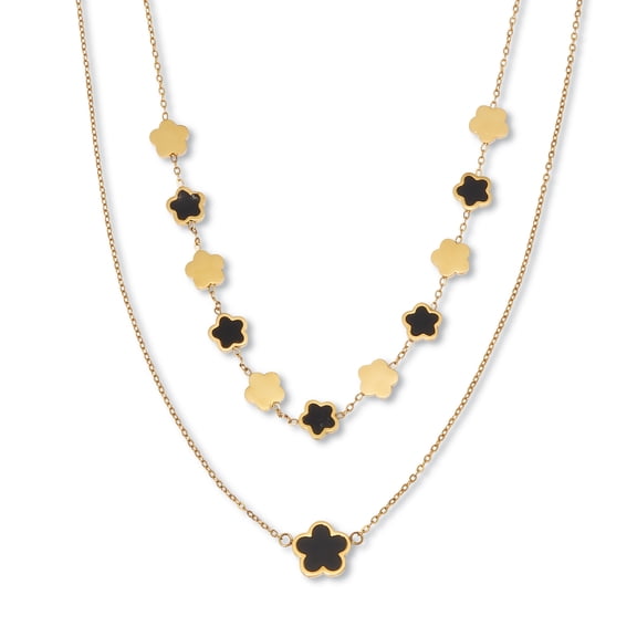 Genuine Black Onyx Gold Ion-Plated Stainless Steel Clover Necklace 17 to 19-inch