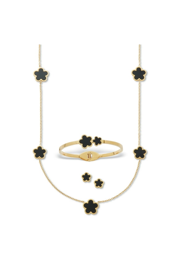 Genuine Black Onyx Yellow Gold Ion-Plated Stainless Steel Clover Jewelry Set