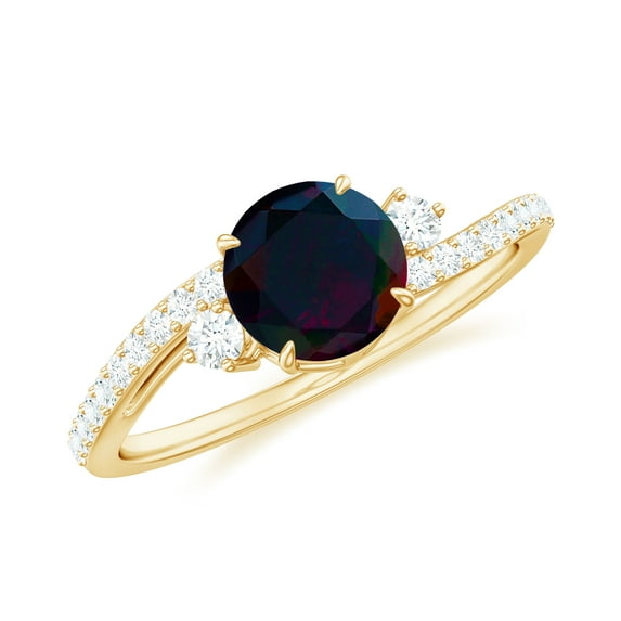 Rosec Jewels Real Black Opal Diamond Engagement Ring for Women - 6 mm Round Opal Ring - AAA Quality - with Jewelry Box, 18K Yellow Gold, US 7.00