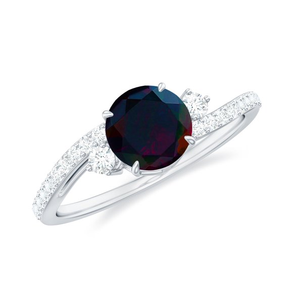 Real Black Opal Diamond Engagement Ring for Women - 6 mm Round Opal Ring - AAA Quality - with Jewelry Box, 925 Sterling Silver, US 4.00
