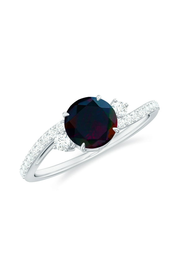 Real Black Opal Diamond Engagement Ring for Women - 6 mm Round Opal Ring - AAA Quality - with Jewelry Box, 925 Sterling Silver, US 4.00