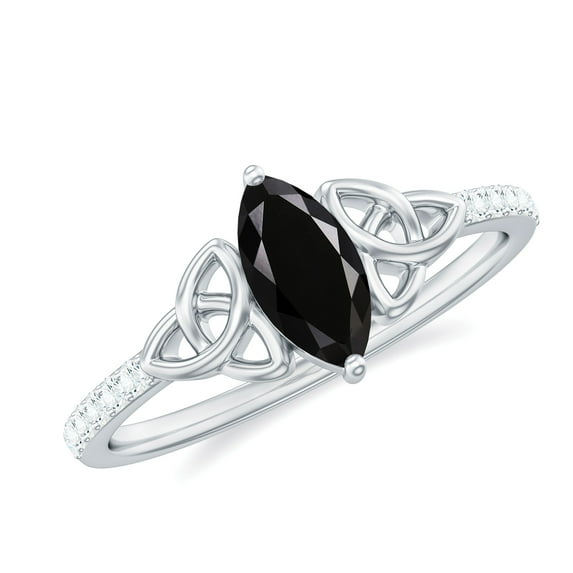 Rosec Jewels Genuine Black Spinel Solitaire Celtic Ring with Diamond for Women (4X8 mm), 925 Sterling Silver, US 4.00
