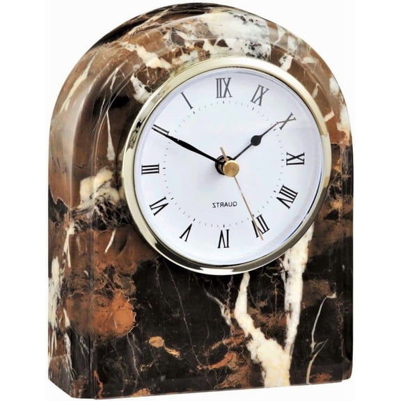 Genuine Black and Brown Marble Clock, Decorative Stone Shelf or Desk Clock - 6 Inch