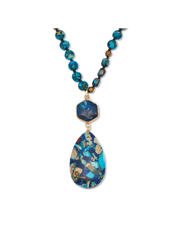 Genuine Blue Agate Goldtone Beaded Drop Pendant Necklace 34-inch
