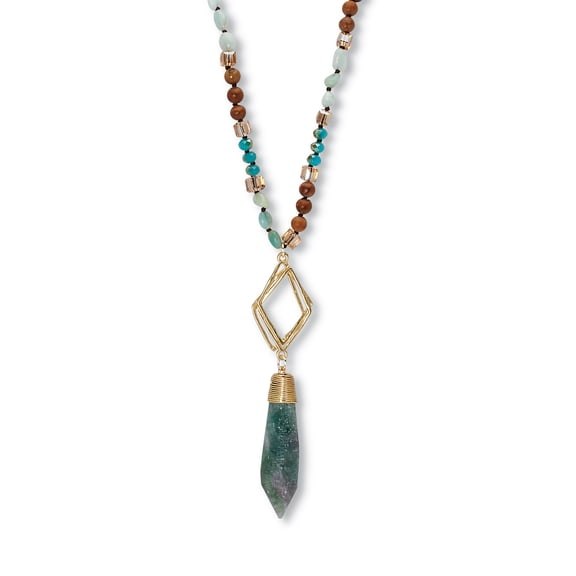 Genuine Blue Agate and Brown Agate Beaded Goldtone Drop Necklace 34-inch