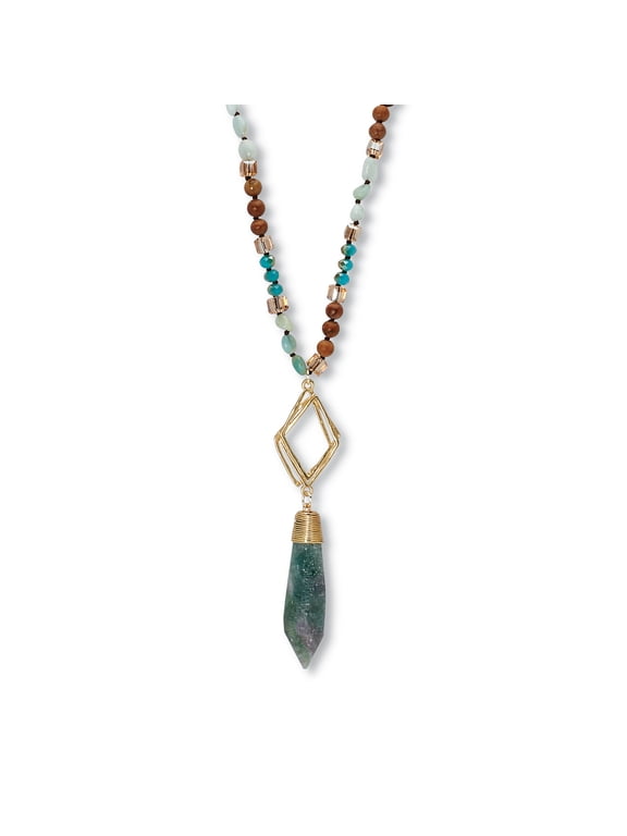 Genuine Blue Agate and Brown Agate Beaded Goldtone Drop Necklace 34-inch