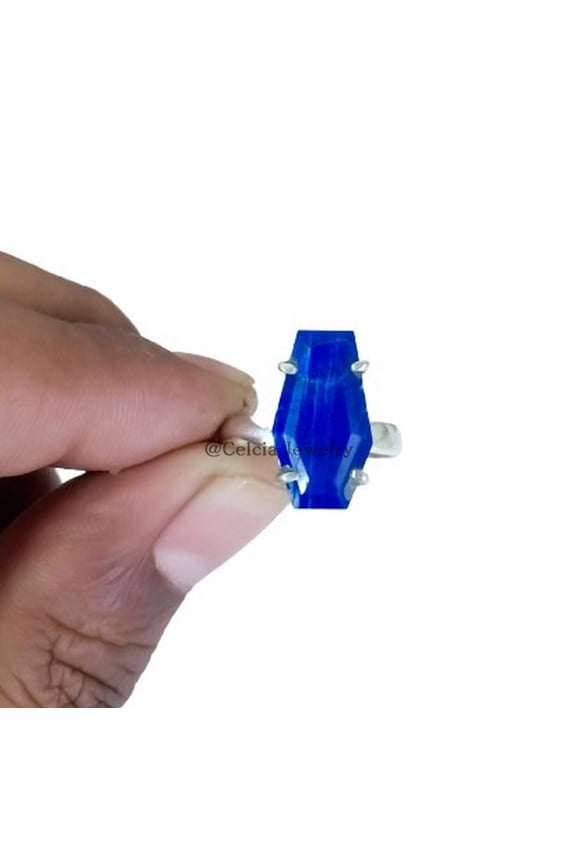Genuine Blue Chalcedony Gemstone Coffin Ring, Solid 925 Sterling Silver, Victorian Ring, Attractive Jewelry For Women's, Daughter Gifts Ring, Unique Gifts For Women (Blue Chalcedony, Size 7)