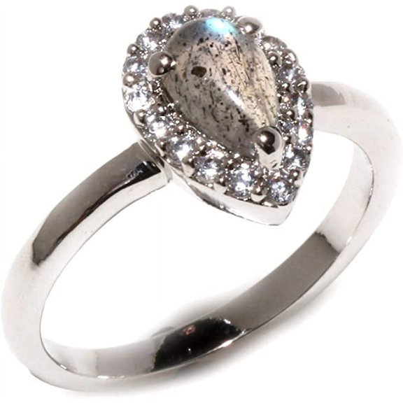 Genuine Blue Fire Labradorite And Cubic Zircon Gemstone 925 Sterling Silver Modern Contemporary Halo Designer Handmade Cocktail Fashion Ring Jewelry For Women By Artisans, Uk Ring Size O1/2