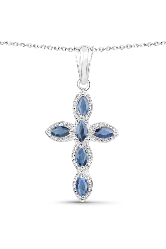 Genuine Blue Sapphire Cross Pendant Necklace