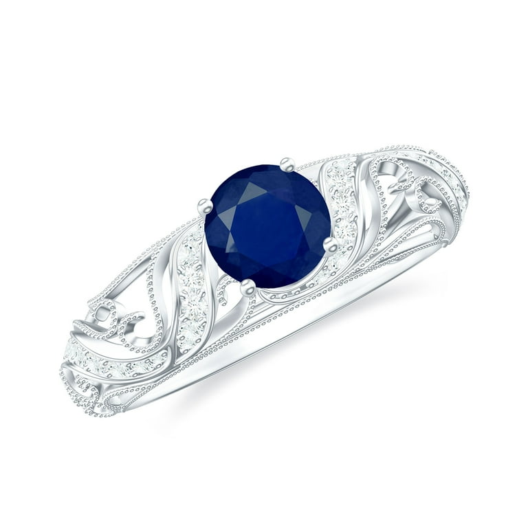 Genuine Blue Sapphire Ring with Diamond Vintage Blue Sapphire Engagement Ring 14K White Gold US 8.00