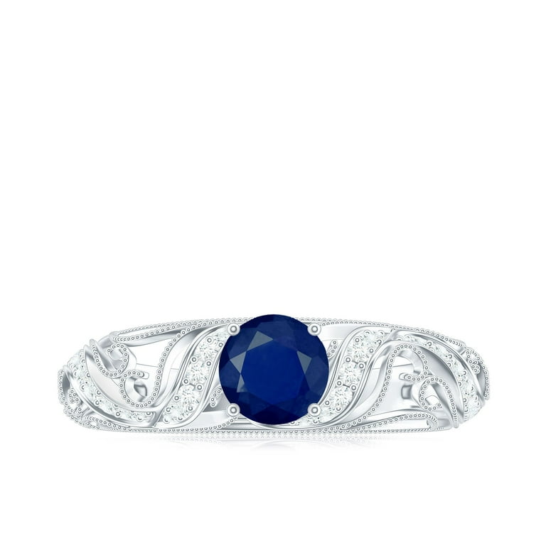 Genuine Blue Sapphire Ring with Diamond Vintage Blue Sapphire
