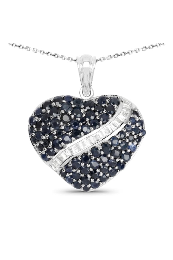 Genuine Blue Sapphire and White Topaz in 925 Sterling Silver Heart Necklace in Rhodium Plating 4.60 Carat September Birthstone Jewelry Gift Blue Sapphire Pendant Necklace For Women