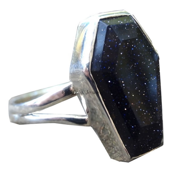 Genuine Blue Sunstone Gothic Ring, Natural 925 Sterling Silver, Handmade Coffin Gemstone Ring For Women, Ethnic Ring, Birthday Gifts For Mom, Promise Ring (Blue Sunstone)