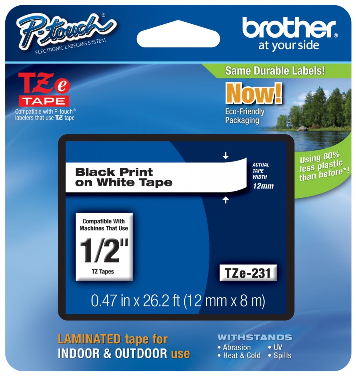 TZe Standard Adhesive Laminated Labeling Tape 0.47" x 26.2 ft, Black on White
