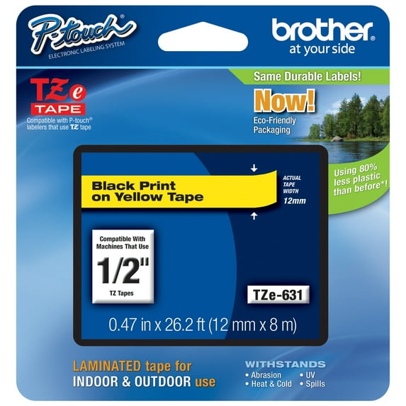 Genuine Brother 1/2" (12mm) Black on Yellow TZe P-touch Tape for Brother PT-2400, PT2400 Label Maker