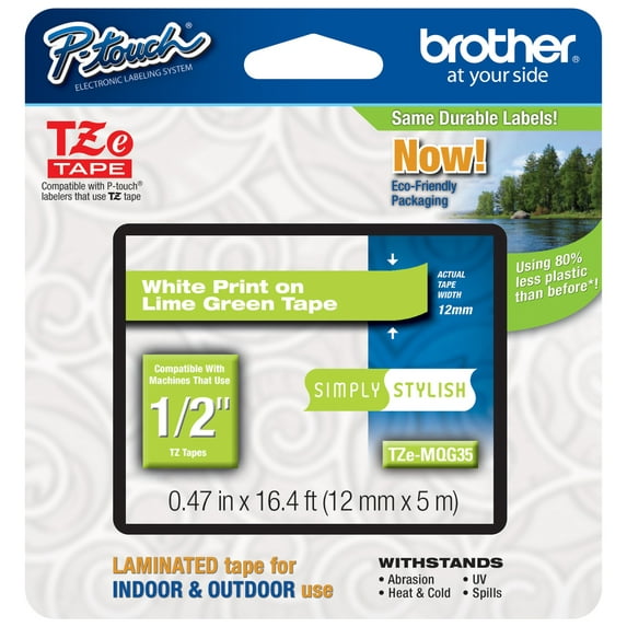 Genuine Brother 1/2" (12mm) White on Lime Green TZe P-touch Tape for Brother PT-540, PT540 Label Maker