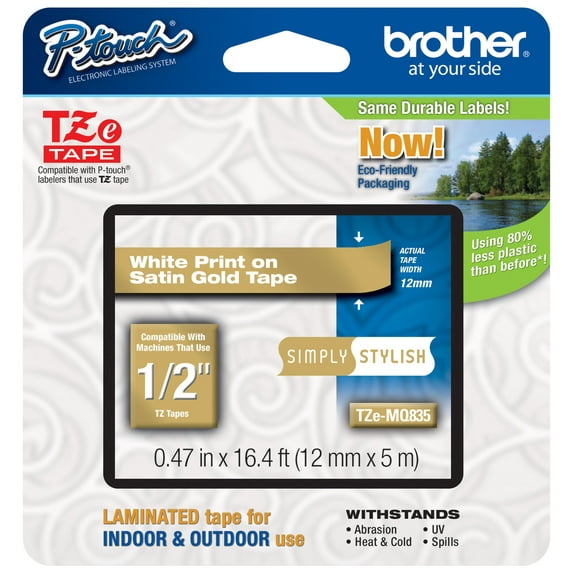 Genuine Brother 1/2" (12mm) White on Satin Gold TZe P-touch Tape for Brother PT-1100, PT1100 Label Maker