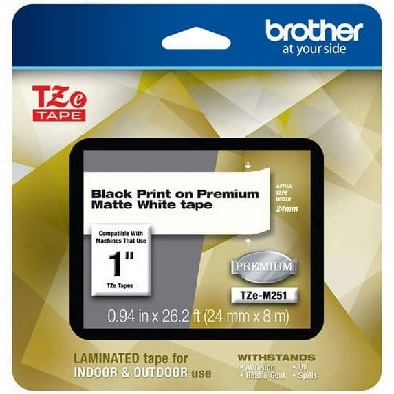 Genuine Brother 1" (24mm) Black on Matte White TZe P-touch Tape for Brother PT-1650, PT1650 Label Maker