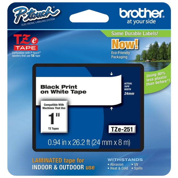 Genuine Brother 1" (24mm) Black on White TZe P-touch Tape for Brother PT-2410, PT2410 Label Maker