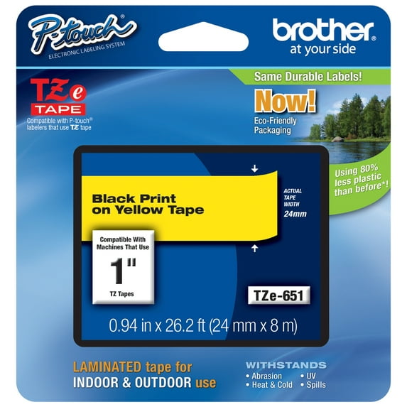 Genuine Brother 1" (24mm) Black on Yellow TZe P-touch Tape for Brother PT-2710, PT2710 Label Maker