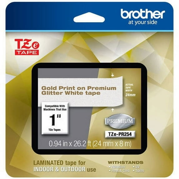 Genuine Brother 1" (24mm) Gold on Glitter White TZe P-touch Tape for Brother PT-P700, PTP700 Label Maker