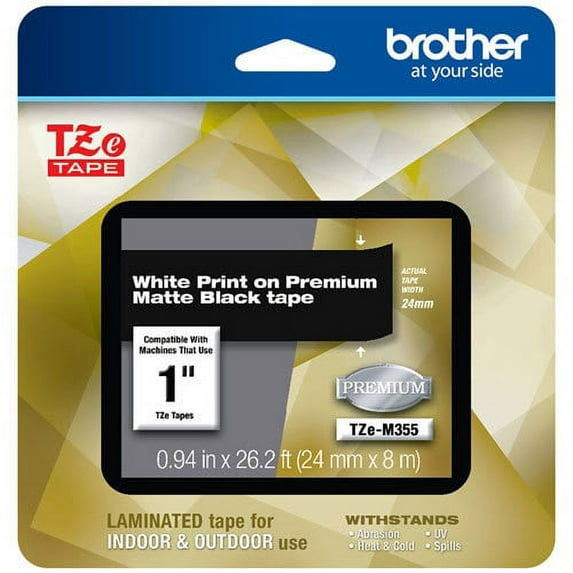 Genuine Brother 1" (24mm) White on Matte Black TZe P-touch Tape for Brother PT-P700, PTP700 Label Maker