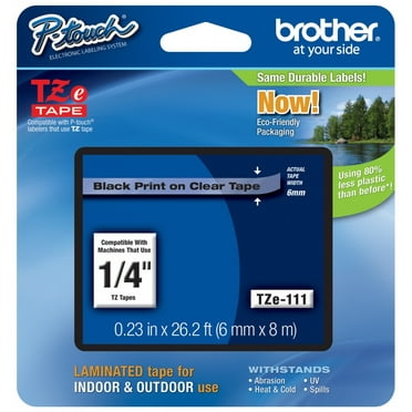 Genuine Brother 1/4" (6mm) Black on Clear TZe P-touch Tape for Brother PT-340, PT340 Label Maker