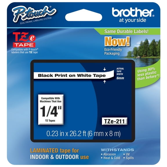 Genuine Brother 1/4" (6mm) Black on White TZe P-touch Tape for Brother PT-7100, PT7100 Label Maker