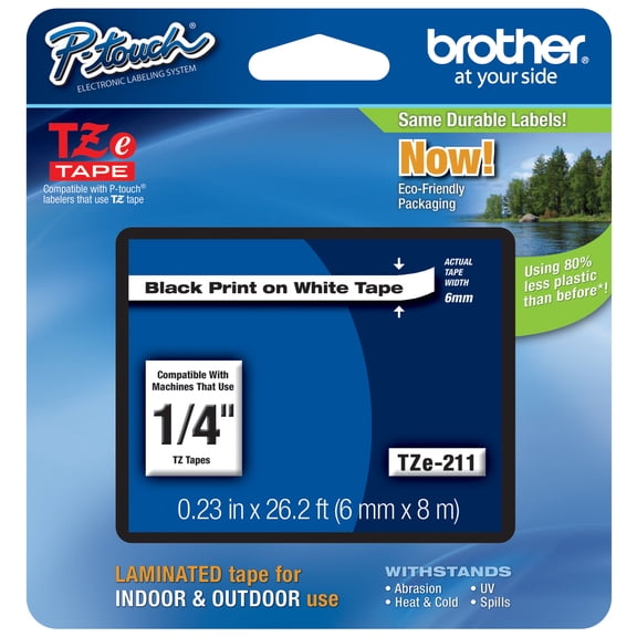 Genuine Brother 1/4" (6mm) Black on White TZe P-touch Tape for Brother PT-E100, PTE100 Label Maker