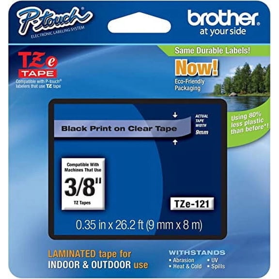 Genuine Brother 3/8" (9mm) Black on Clear TZe P-Touch Tape for Brother PT-H100, PTH100 Label Maker
