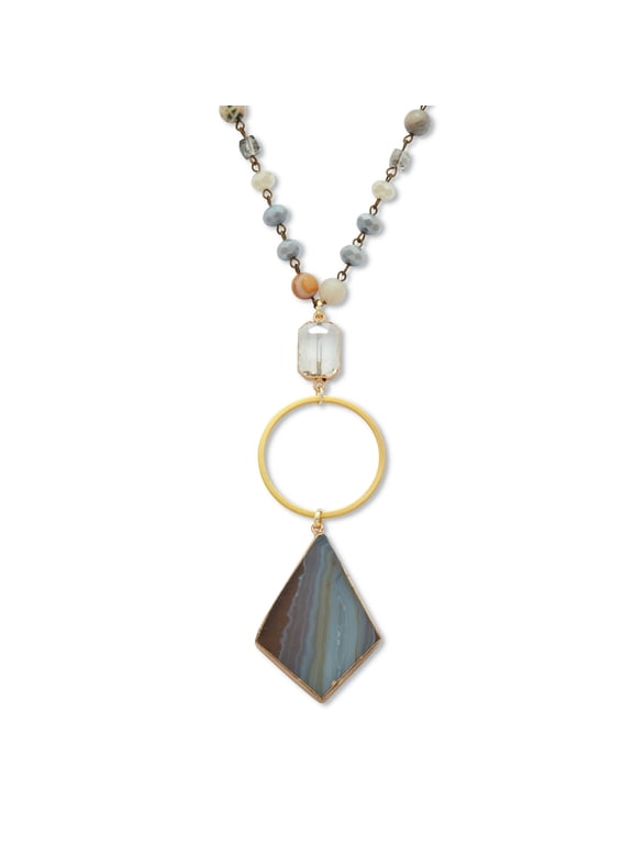 Genuine Brown Agate and Crystal Goldtone Drop Necklace 28-inch