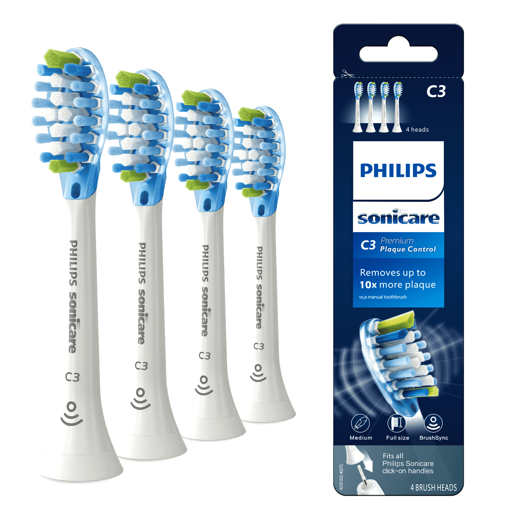 Genuine C3 Premium Plaque Control Replacement Toothbrush Heads, Compatible with Philips Sonicare Electric Toothbrush4 Brush Heads, HX9044, White, 4 Pack