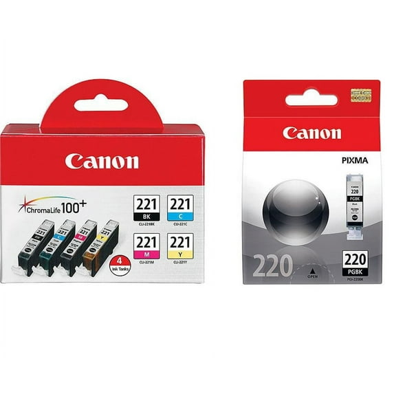 Genuine Canon CLI-221 Four-Color Ink Tank Pack (92946B004) + Canon PGI-220 Black Ink Tank (2945B001)