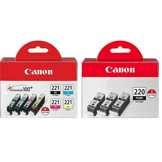 Genuine Canon CLI-221 Four-Color Ink Tank Pack (92946B004) + Canon PGI-220 Black Ink Tank 3-Pack (2945B004)