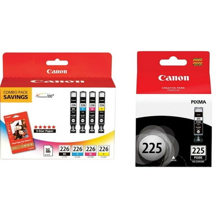 Genuine Canon CLI-226 Four Color Ink Tank Pack with 50 Sheets of 4.0 x 6.0" Photo Paper (4546B007) + PGI-225 Pigment Black Ink Tank (4530B001)