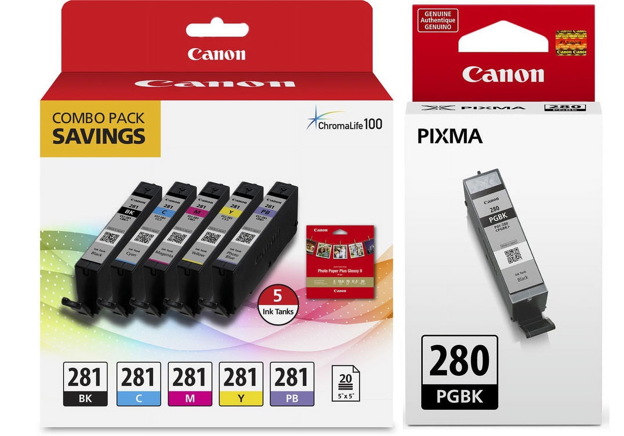 Genuine Canon CLI-281 5-Color Ink Tank Combo Pack with 5 x 5 Photo Paper (2091C006) + Canon PGI-280 Pigment Black Ink Tank (2075C001) - image 1 of 3