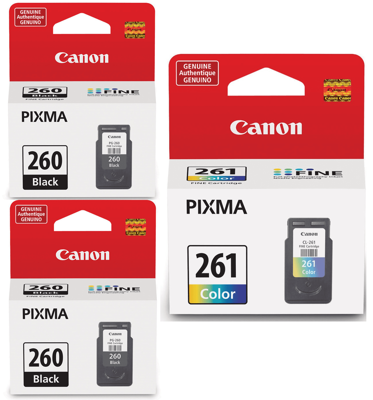 Genuine Canon PG-260 Black Ink Cartridge (3707C001) (2 Pieces) + CL-261 Color Ink Cartridge (3725C001), Fits PIXMA TR7020, TS6420, and TS5320 Printers