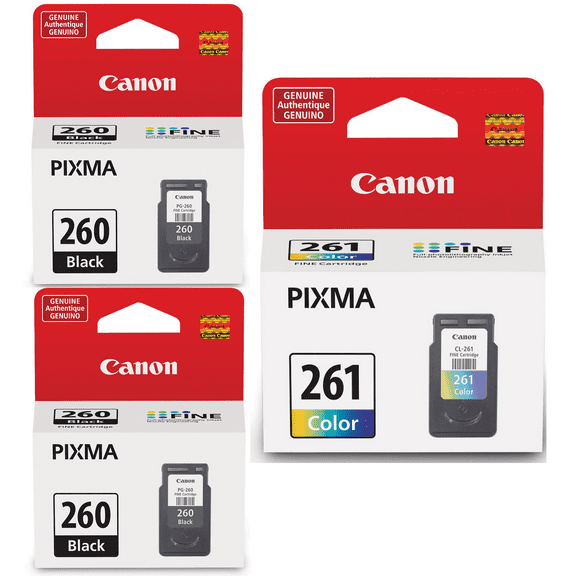 Genuine Canon PG-260 Black Ink Cartridge (3707C001) (2 Pieces) + CL-261 Color Ink Cartridge (3725C001), Fits PIXMA TR7020, TS6420, and TS5320 Printers