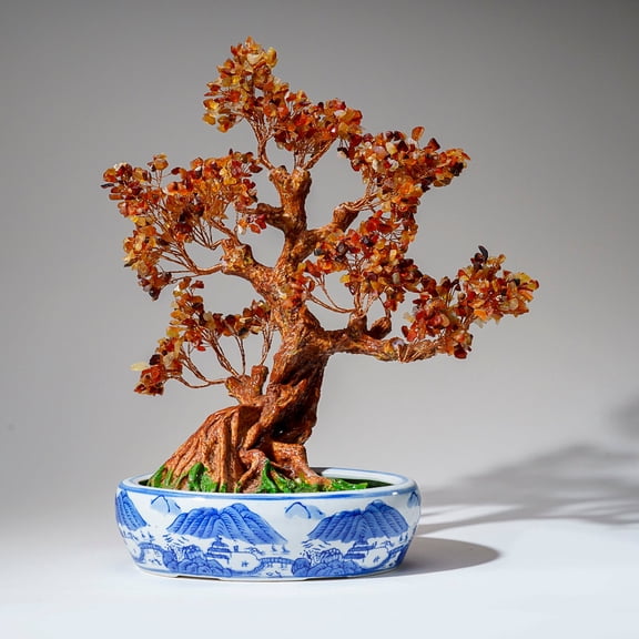 Genuine Carnelian Gemstone Bonsai Tree in Oval Ceramic Pot (15 Tall)