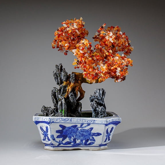 Genuine Carnelian Gemstone Bonsai Tree in Square Ceramic Pot (13 Tall)