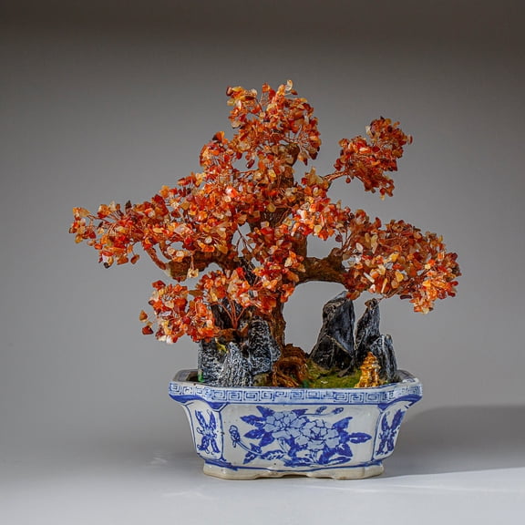Genuine Carnelian Gemstone Bonsai Tree in Square Ceramic Pot (15")