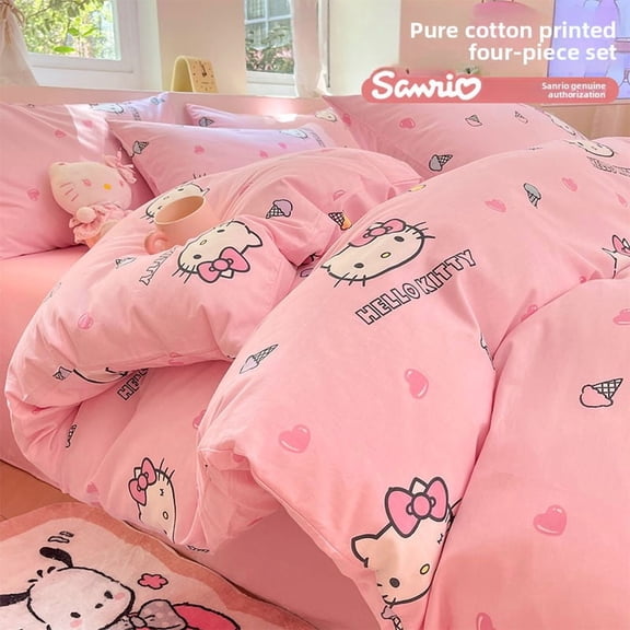 Genuine Cartoon Cotton Four-piece Set Cotton Sanrio Kt Bed Sheet Quilt Cover Pillowcase Three-piece Set