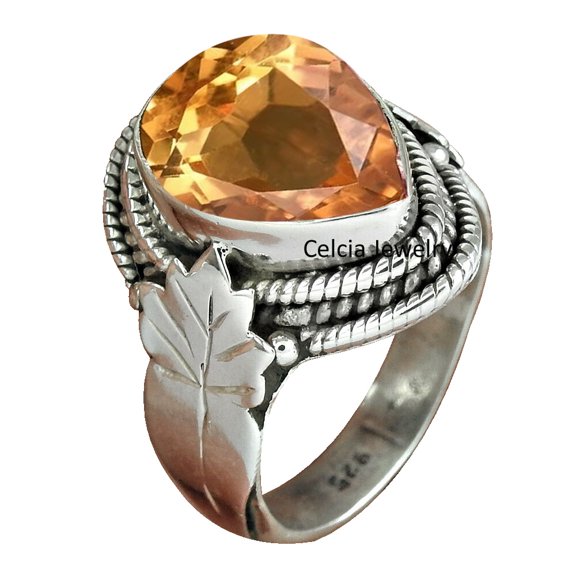 Genuine Citrine Yellow Gemstone Faceted Cut Pear Shape Ring, Pure 925 Sterling Silver Band Ring For Women, Statement Ring, Unique November Birthstone Ring