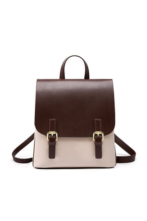 Genuine Cowhide Backpack, Smooth Two-Tone Flip-Top Adjustable-Strap Travel Purse