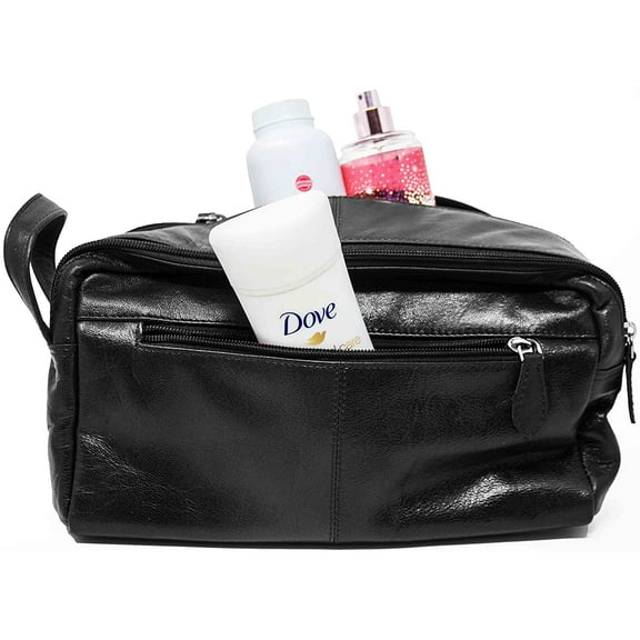 Genuine Cowhide Black Leather Unisex Toiletry Bag Travel Organizer Dopp Kit