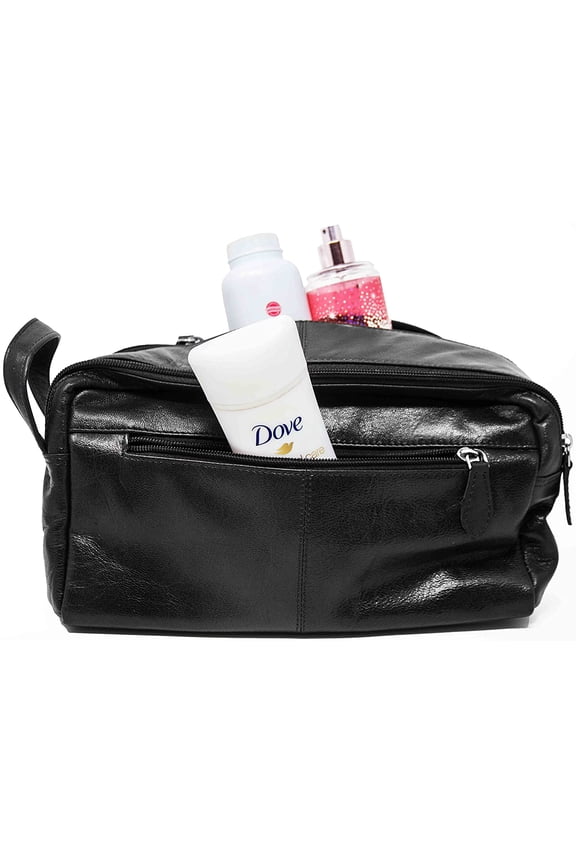Genuine Cowhide Black Leather Unisex Toiletry Bag Travel Organizer Dopp Kit