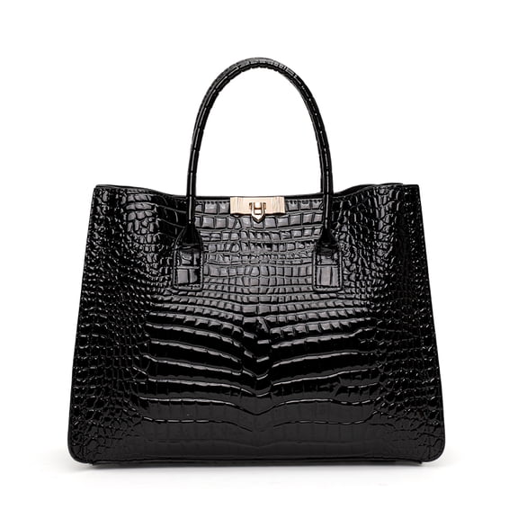 Genuine Cowhide Crocodile Women Tote Bag, Black Shoulder Crossbody Purse