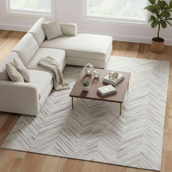 Genuine Cowhide Leather Chevron Patchwork Area Rug with Non-Slip Backing, Soft Durable Modern Floor Carpet for Living Room, Bedroom, Office & Contemporary Home Decor, Light Gray 10 x 14 ft