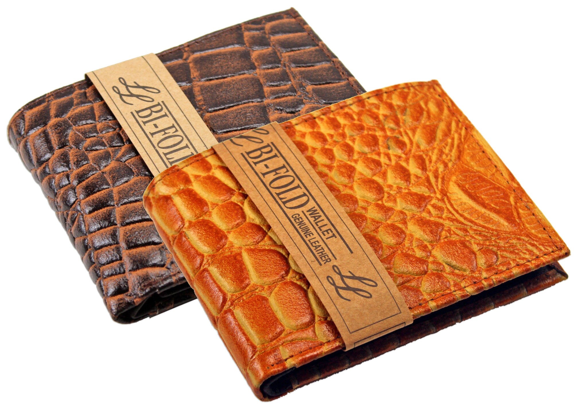 Genuine Cowhide Leather Croc Print Men's Flap Top Card Bifold Wallets ...