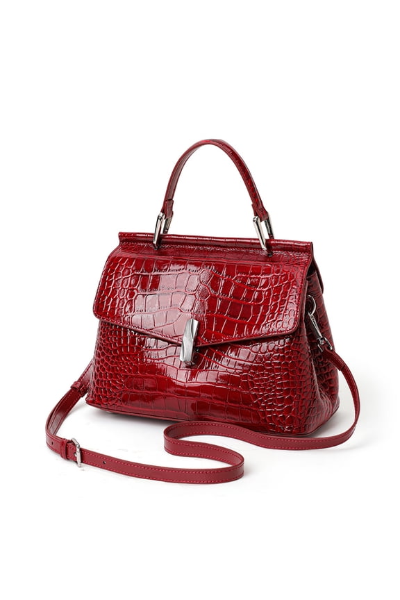 Genuine Cowhide Leather Crocodile Embossed Flap Bag, Women's Top-handle Shoulder Bag, Burgundy Work Daily Handbag